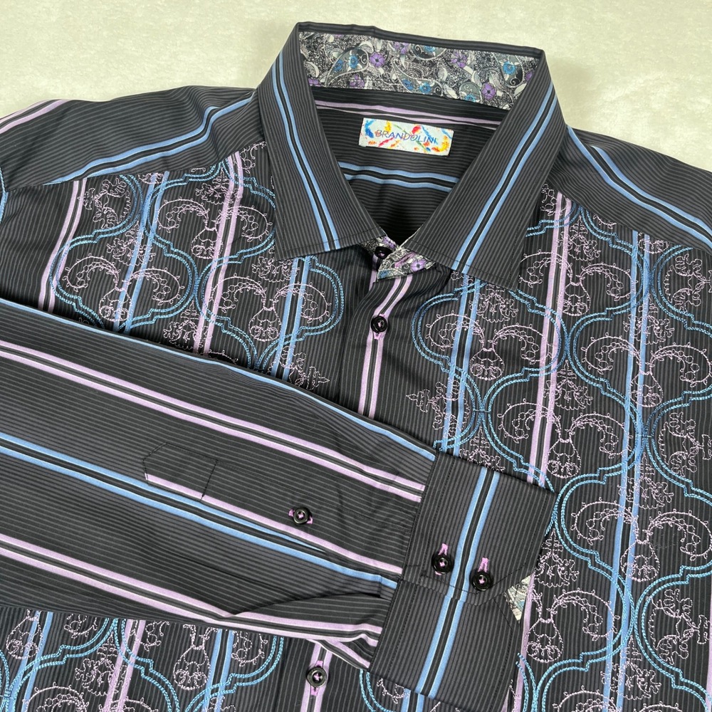 Brandolini Button Shirt Mens XXL Black Blue Purple Striped Embroidered Flip Cuff